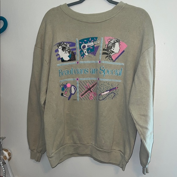 Vintage 80s Hairstylist Graphic Crewneck Sweatshirt in Tan/Turquoise/Purple/Pink - Picture 1 of 8